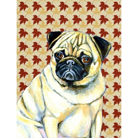 Carolines Treasures 28 x 40 In. Pug Fall Leaves Portrait Flag Canvas- House Size LH9117CHF